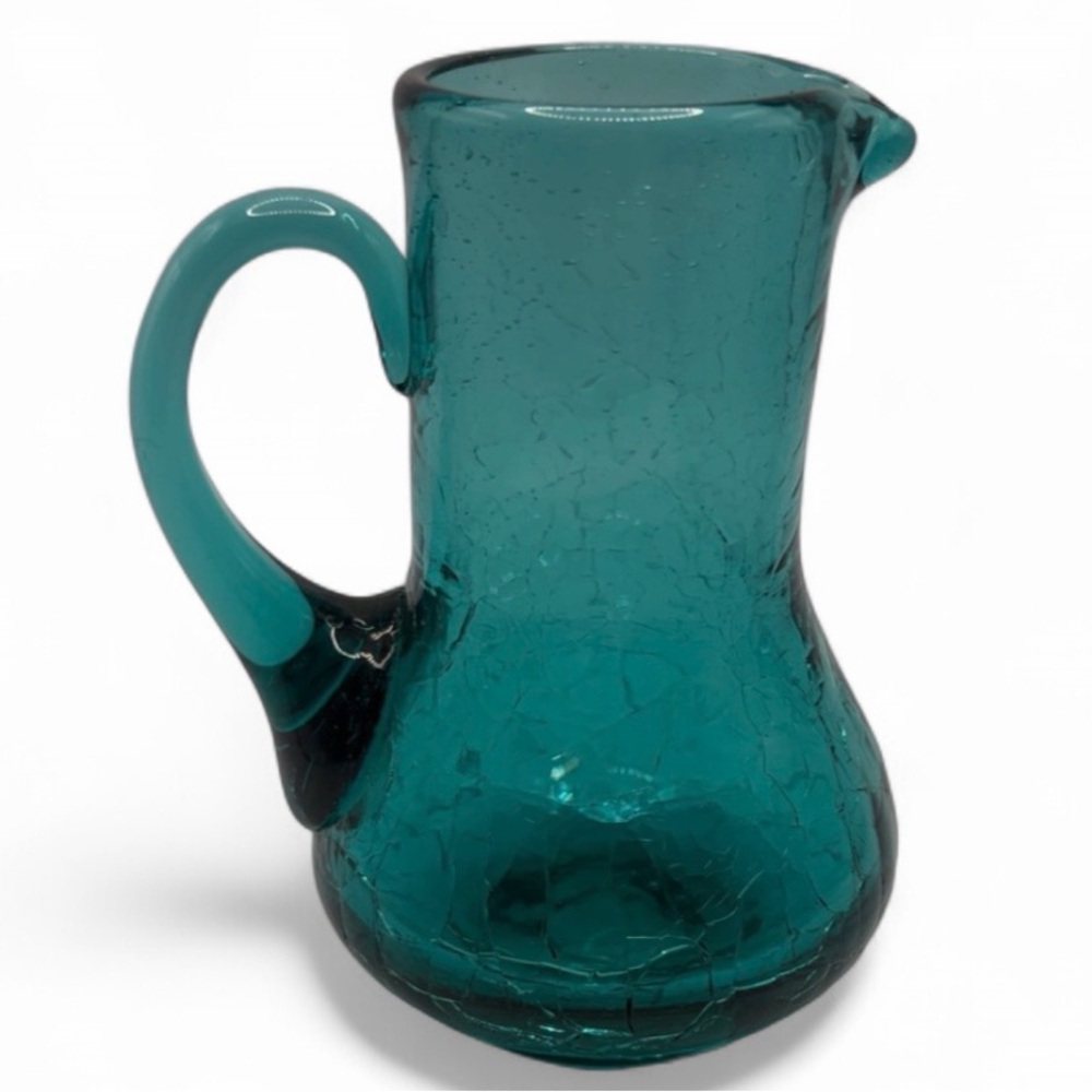 Mid Century Modern Vintage Blue Crazed Crackle Glass Creamer Mini Pitcher Jug